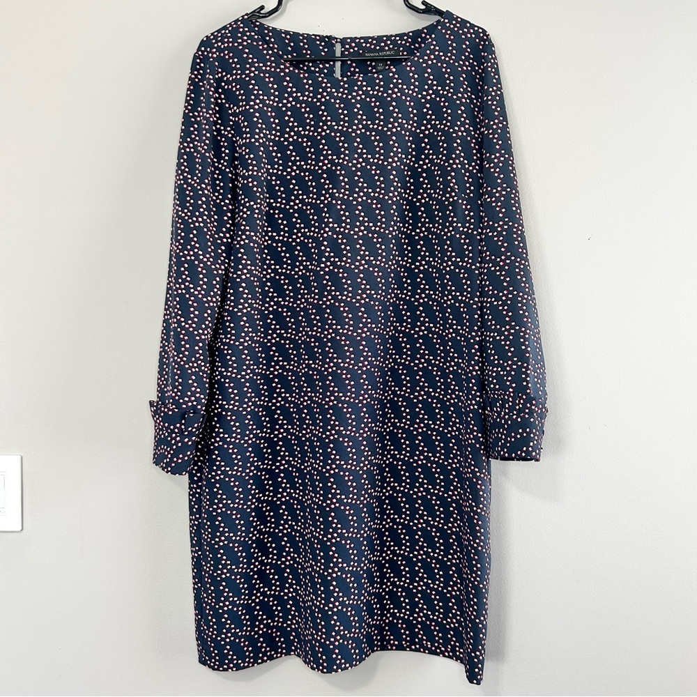 Banana Republic Navy Sheath Dress with Red & White print and pleated Cuffs